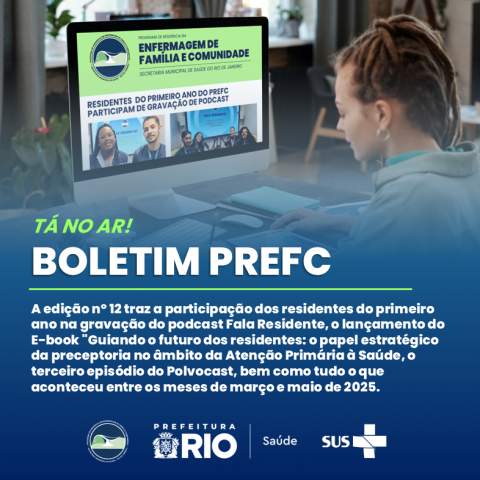Primeira página do boletim com uma pessoa lendo na tela do computador
