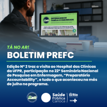 Ao fundo, um homem acessa a tela de um computador com a primeira página do boletim. O texto de chamada diz: "Tá no ar, Boletim PREFC". 