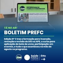 A imagem em destaque mostra a tela de um computador com a capa do boletim PREFC. 